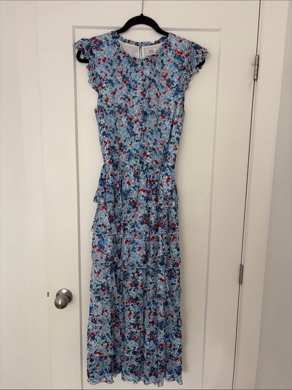 Little Moon Blue Floral Tiered Maxi Dress with Red Accents